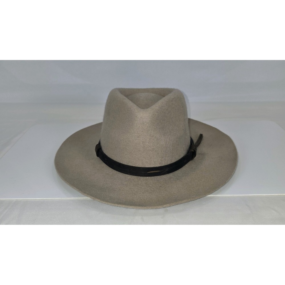 Rachel Zoe Wool Felt Fedora Hat Beige Tan Wide Brim Leather Trim Womens Mens